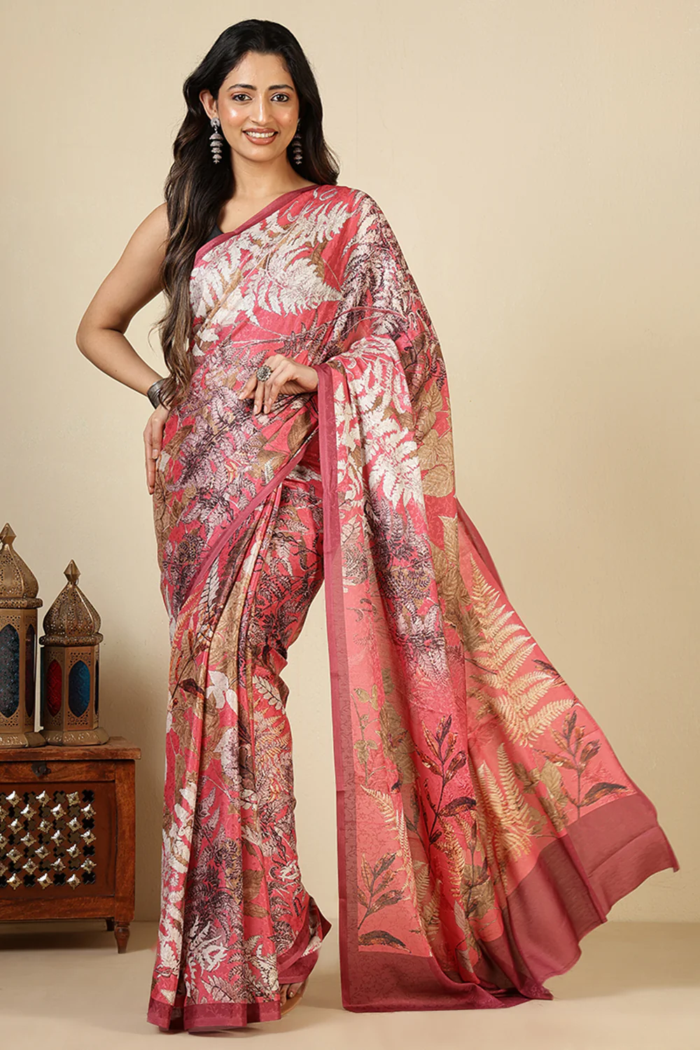 Coral Jacquard Silk Printed Saree - Image 3