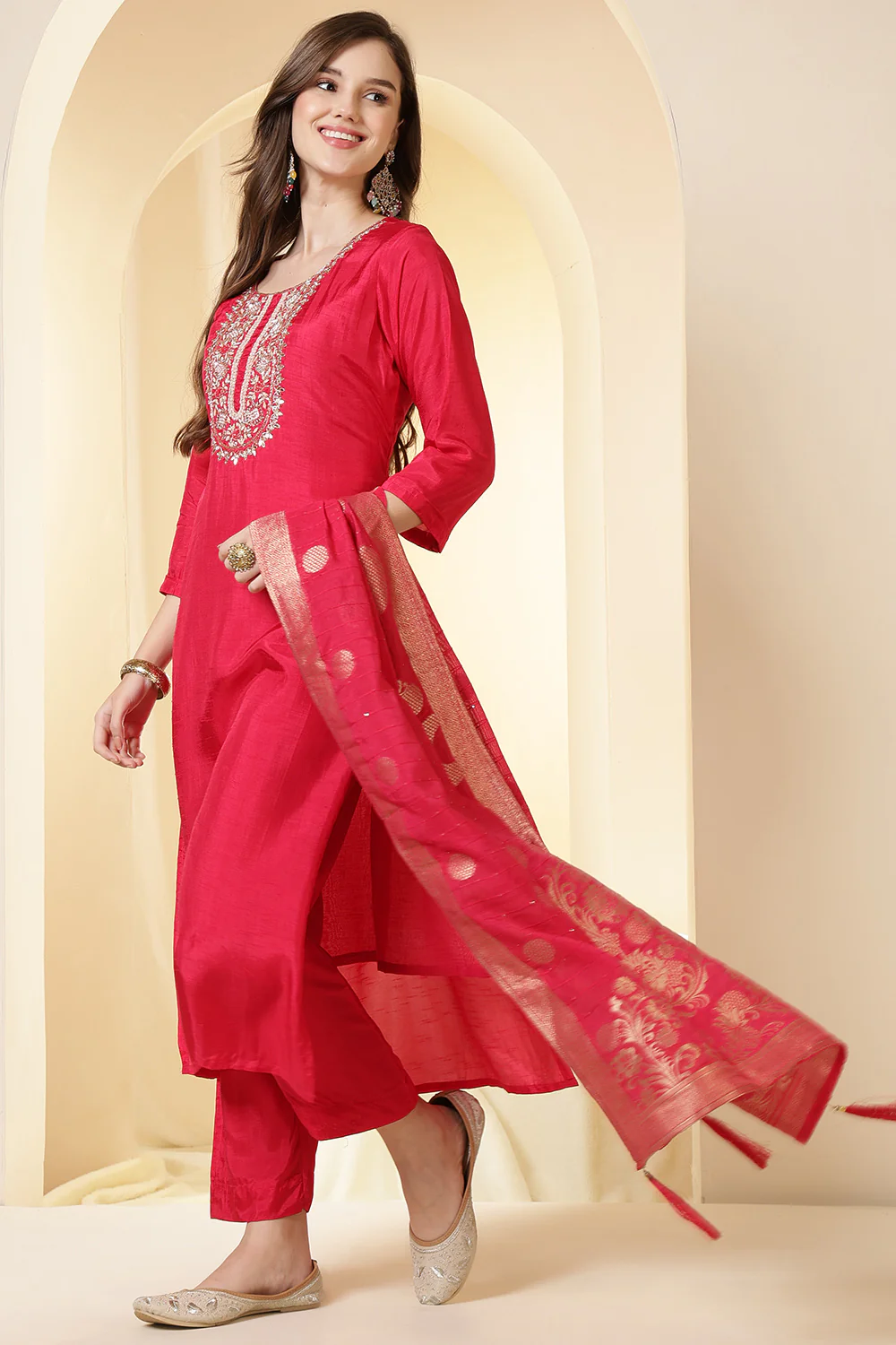 Coral Pink Color Silk Suit Set With Neck Embroidered - Image 2