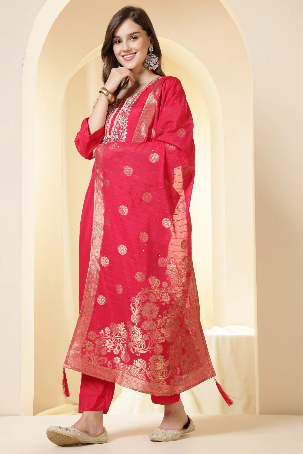 Coral Pink Color Silk Suit Set With Neck Embroidered - Image 4
