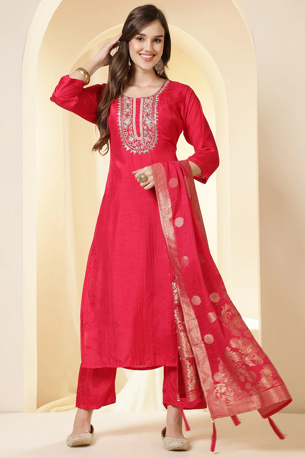 Coral Pink Color Silk Suit Set With Neck Embroidered - Image 5