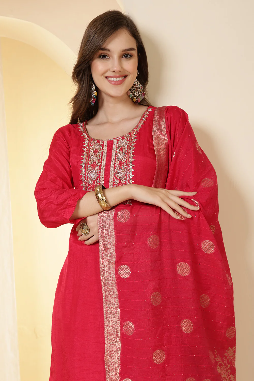Coral Pink Color Silk Suit Set With Neck Embroidered - Image 7