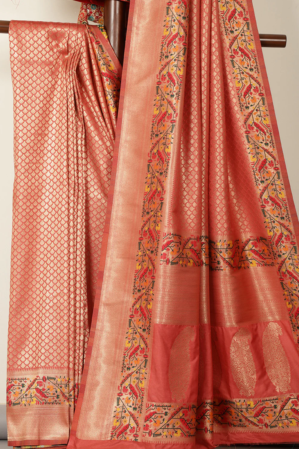 Coral Pink Soft Silk Zari and Resham woven Paithani Work Saree - Image 4