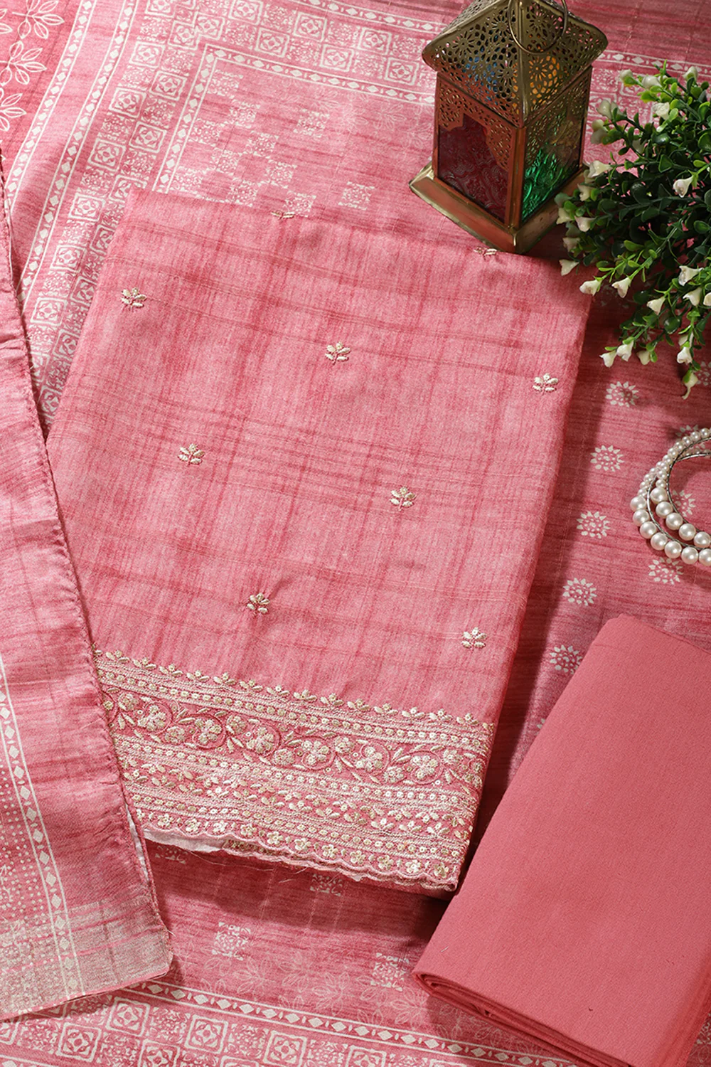 Coral Pink Tussar Silk Embroidered Unstitched Suit Material - Image 2