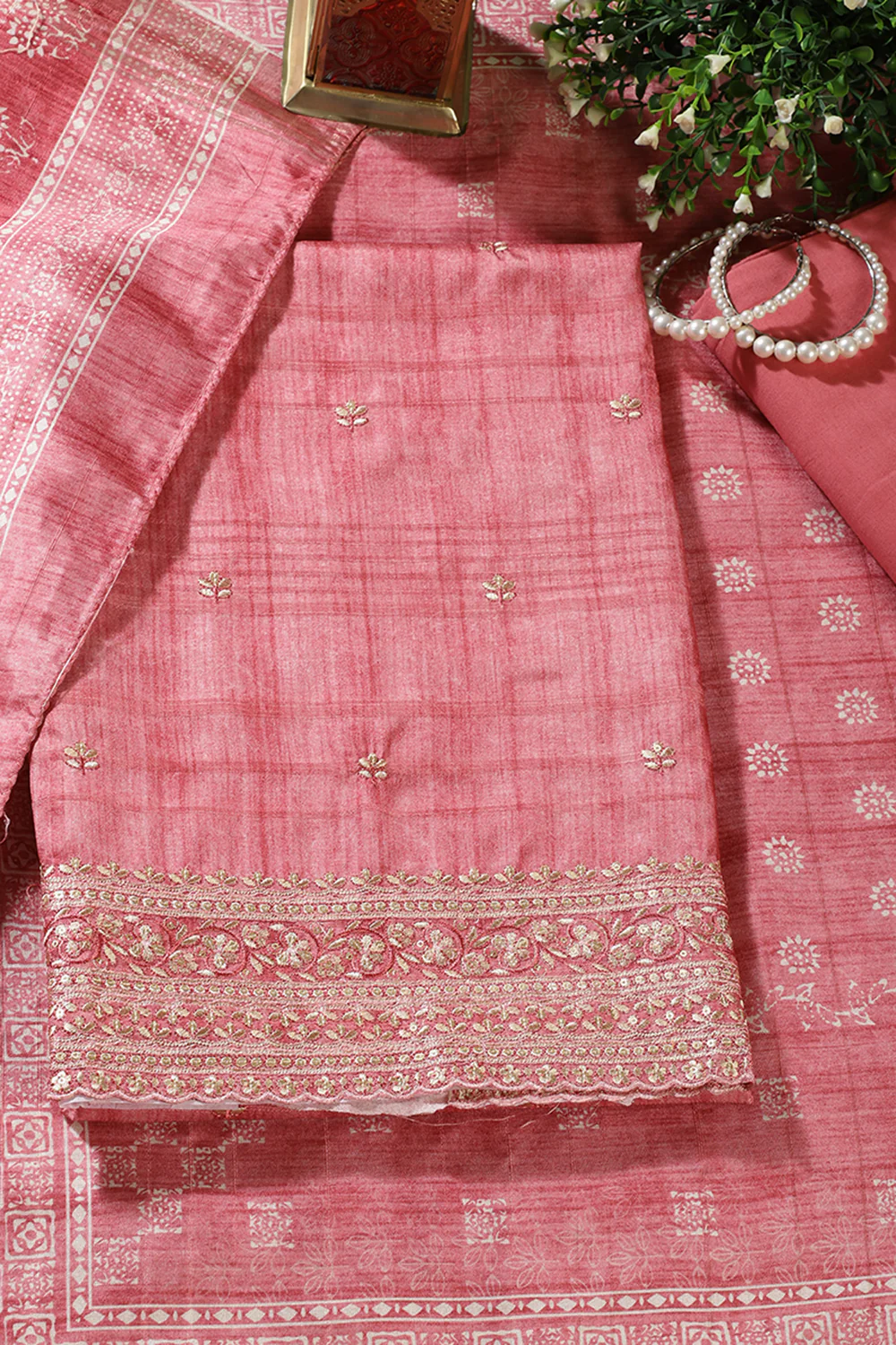 Coral Pink Tussar Silk Embroidered Unstitched Suit Material - Image 3