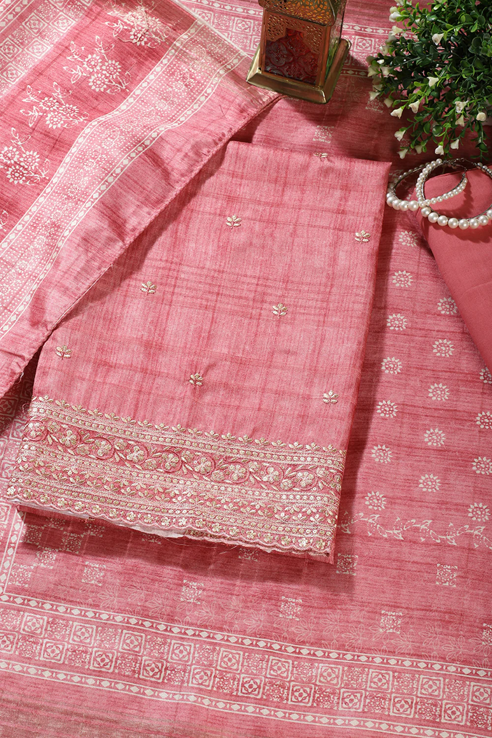Coral Pink Tussar Silk Embroidered Unstitched Suit Material - Image 4