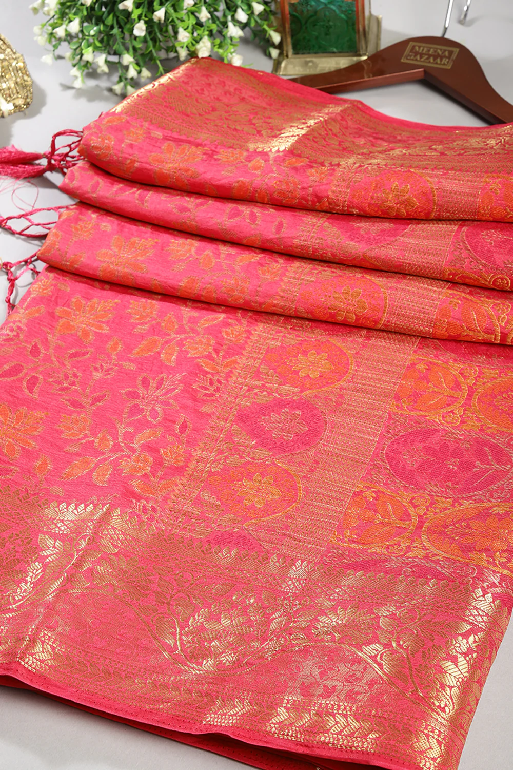 Coral Red Color Tussar Woven Silk Saree