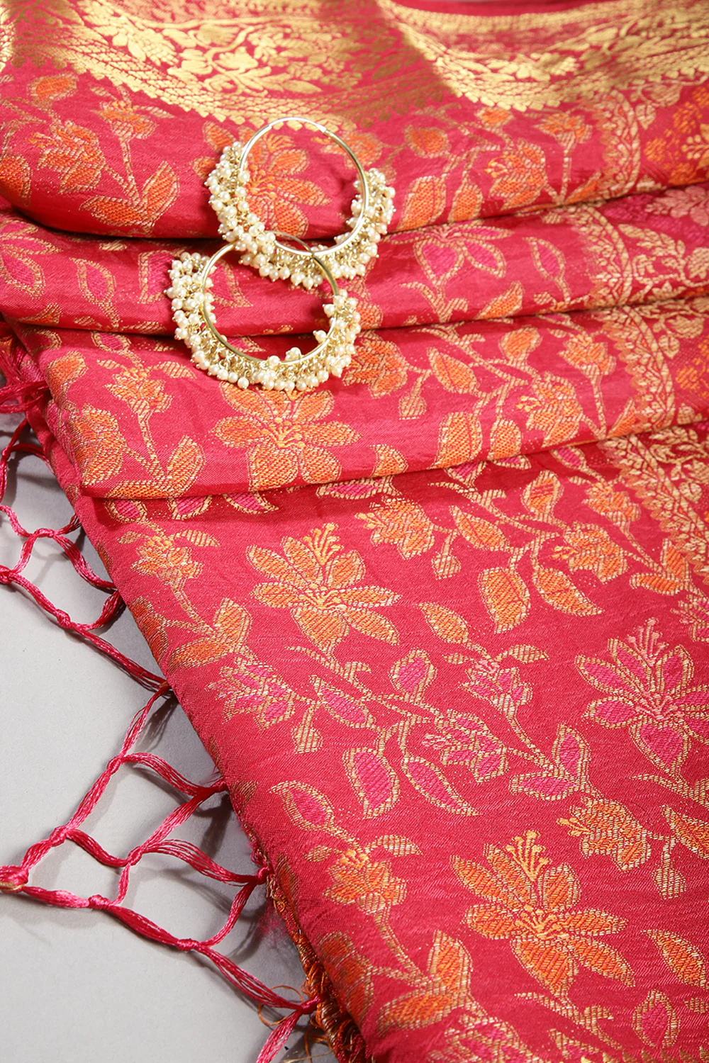 Coral Red Color Tussar Woven Silk Saree - Image 2