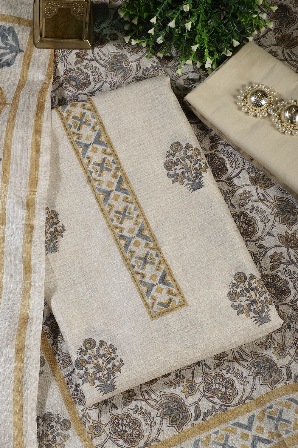 Cream Chanderi Cotton Printed Unstitched Suit Material