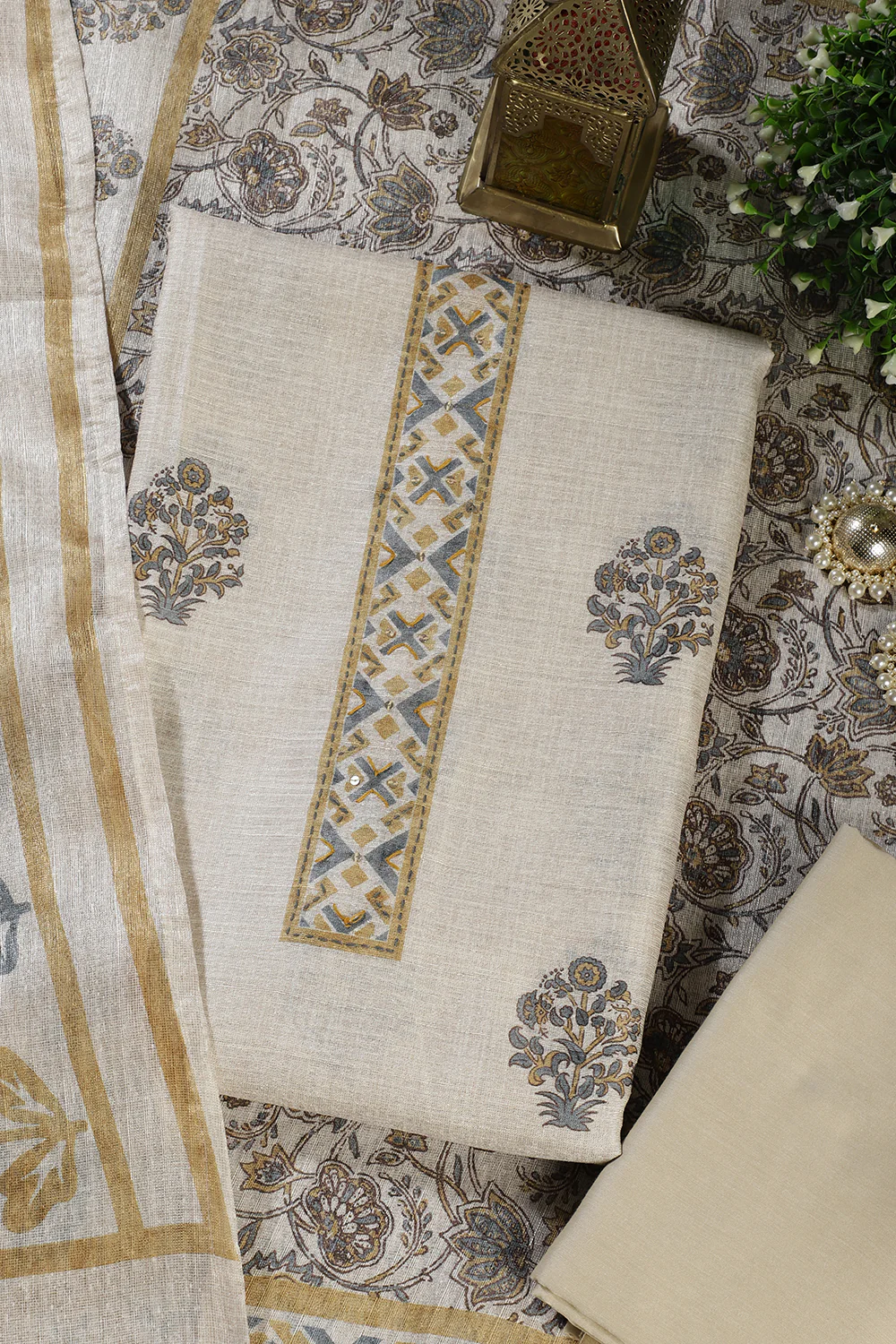 Cream Chanderi Cotton Printed Unstitched Suit Material - Image 2