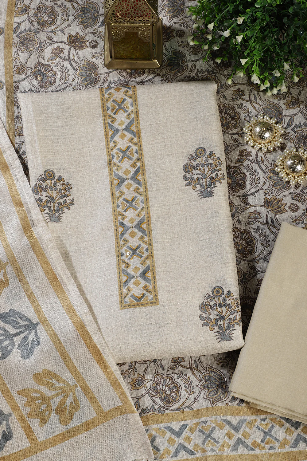 Cream Chanderi Cotton Printed Unstitched Suit Material - Image 3