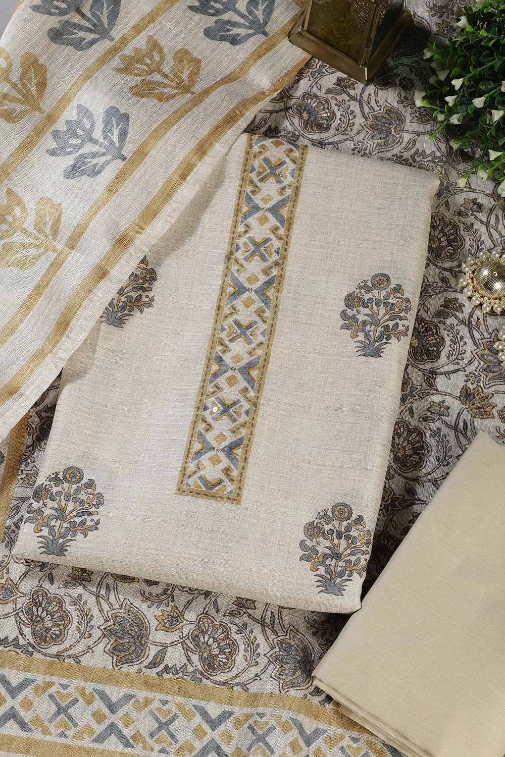 Cream Chanderi Cotton Printed Unstitched Suit Material - Image 4