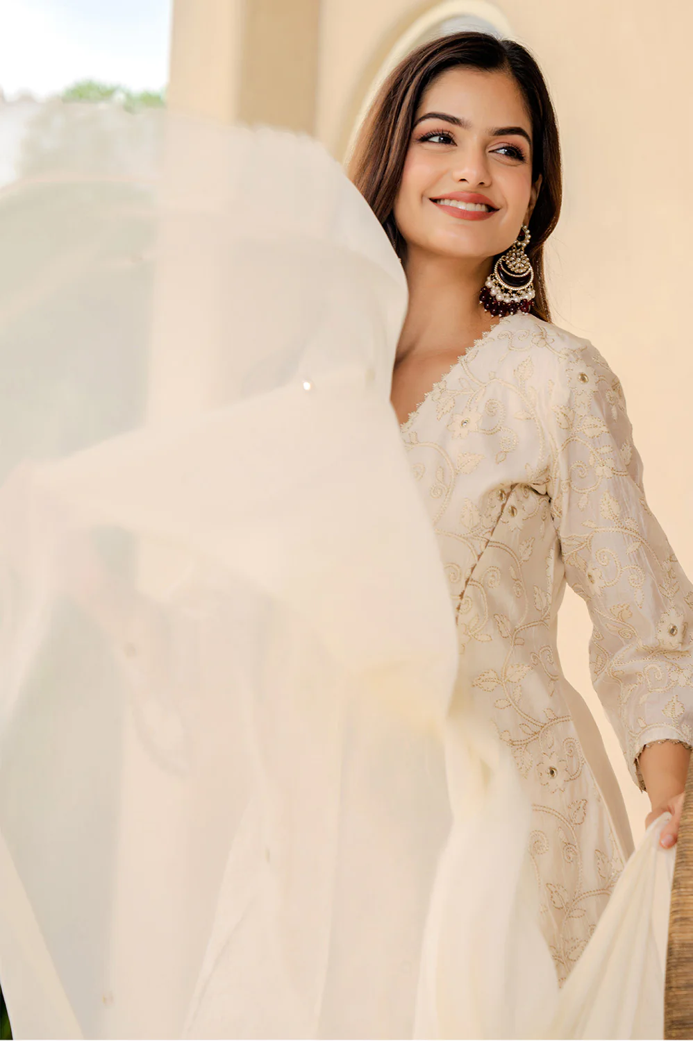 Cream Chanderi Embroidered And Gota-Patti Work Suit With Dhoti Style Pant - Image 8