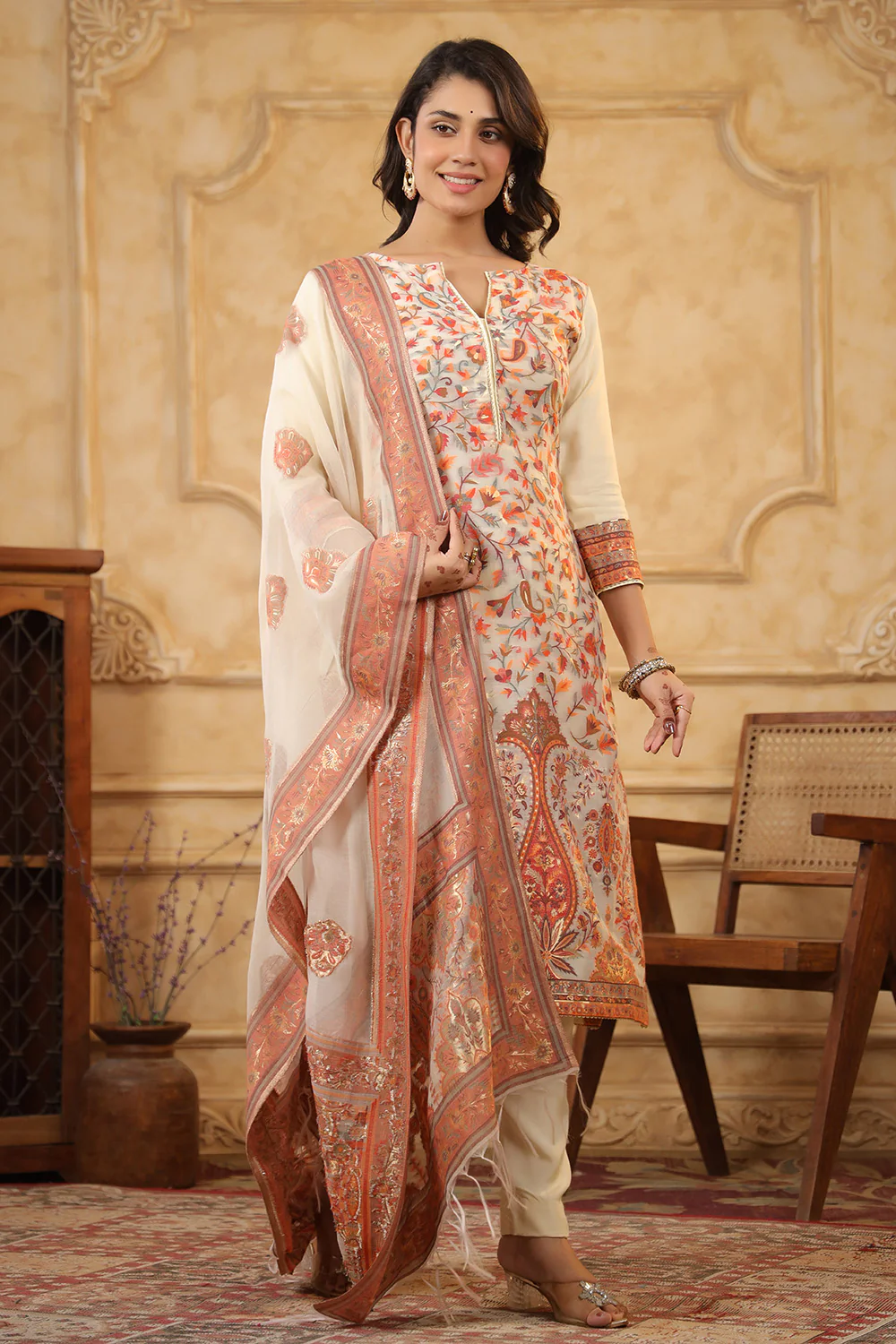 Cream Color Meena-Kaari Woven Chanderi Suit
