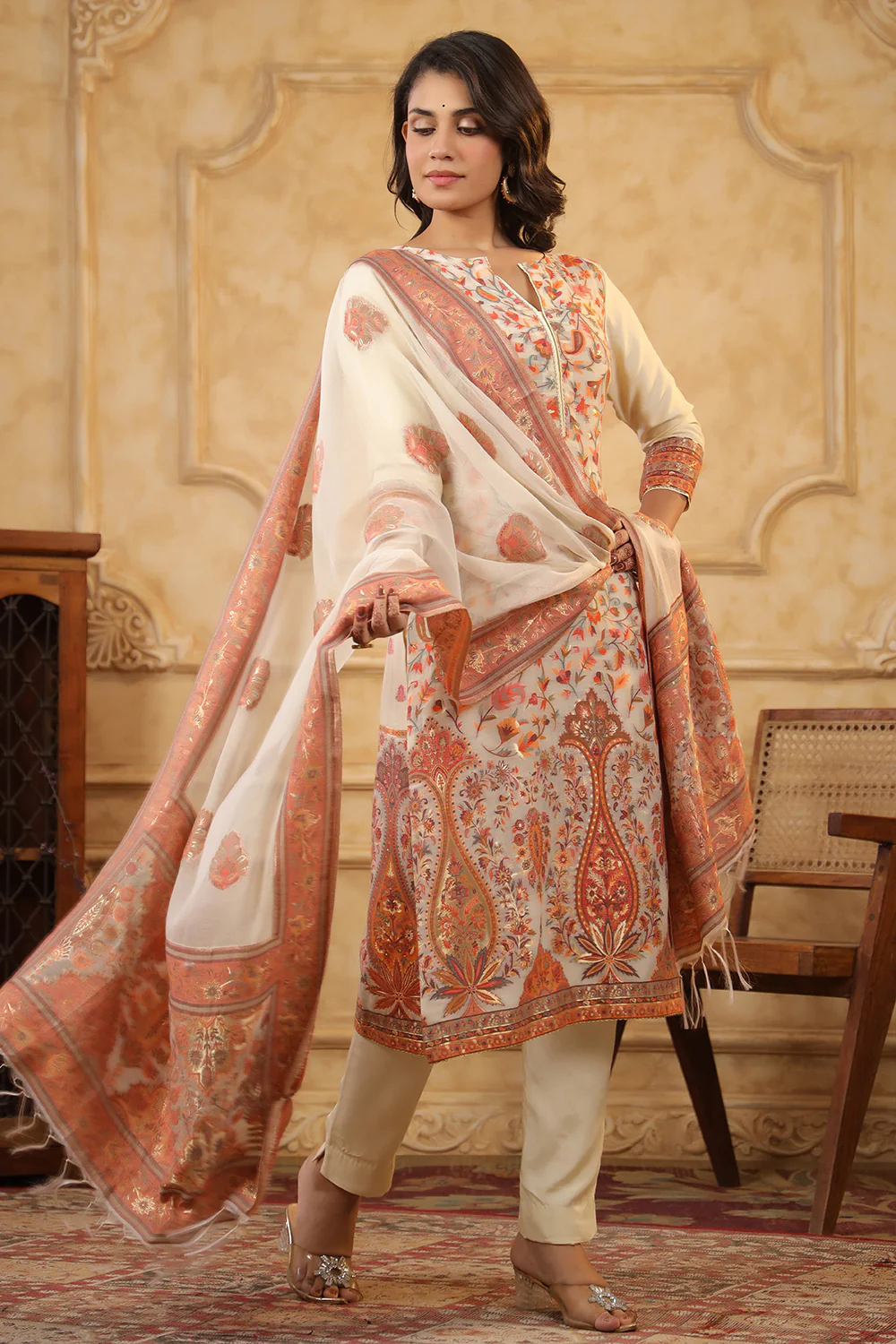 Cream Color Meena-Kaari Woven Chanderi Suit - Image 2