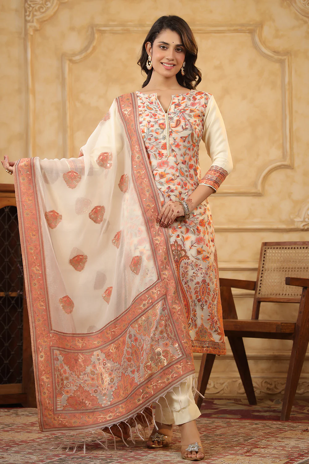 Cream Color Meena-Kaari Woven Chanderi Suit - Image 5