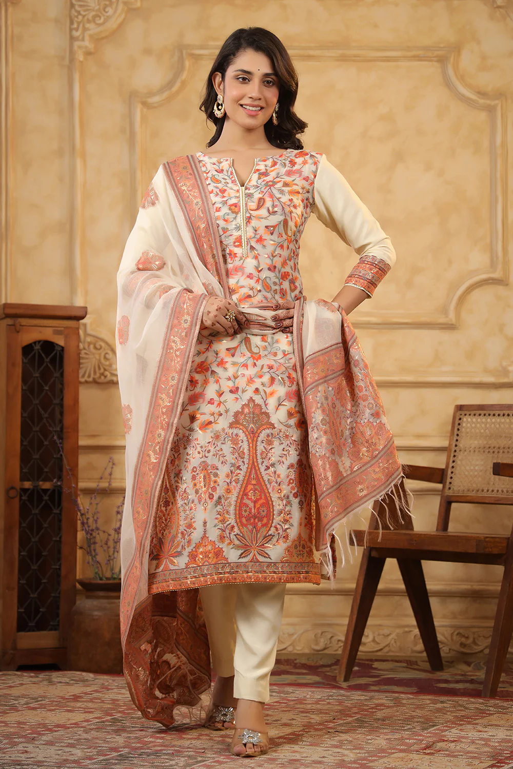 Cream Color Meena-Kaari Woven Chanderi Suit - Image 6