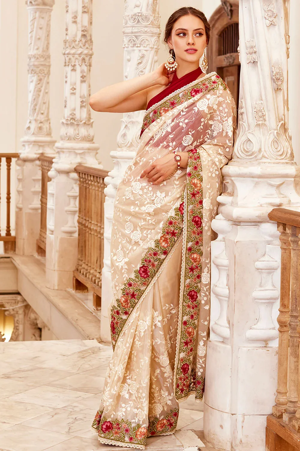 Cream Color Organza Embroidered Saree - Image 2