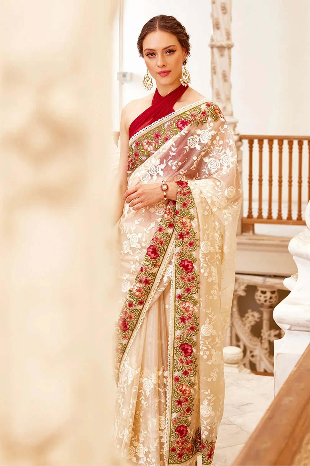 Cream Color Organza Embroidered Saree - Image 3