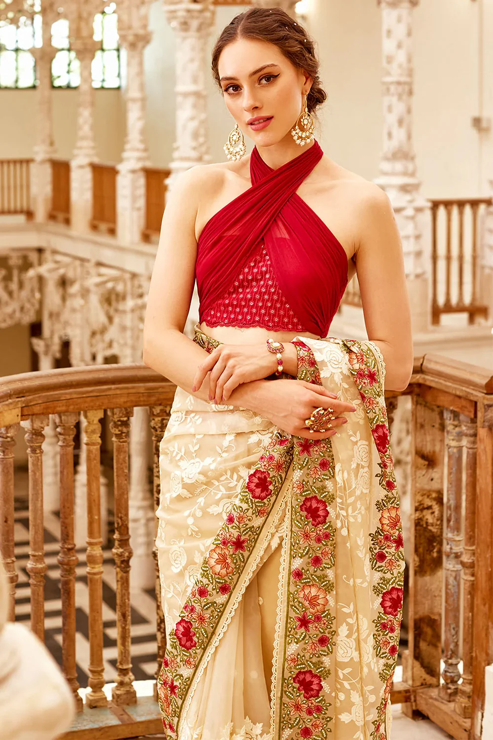 Cream Color Organza Embroidered Saree - Image 4