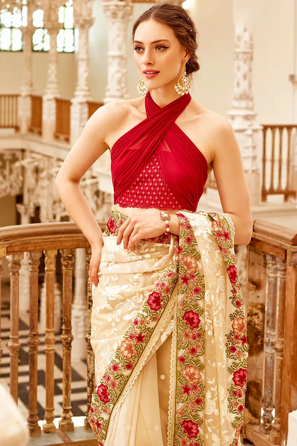 Cream Color Organza Embroidered Saree - Image 5