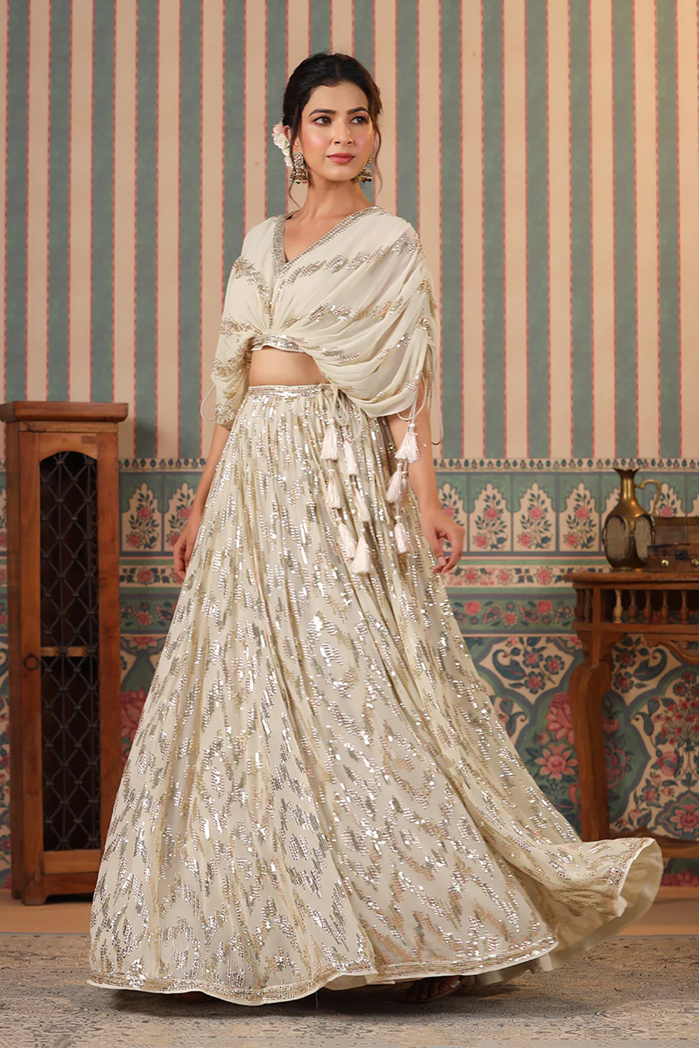 Cream Color Georgette Embroidery Lehenga Choli - Image 12