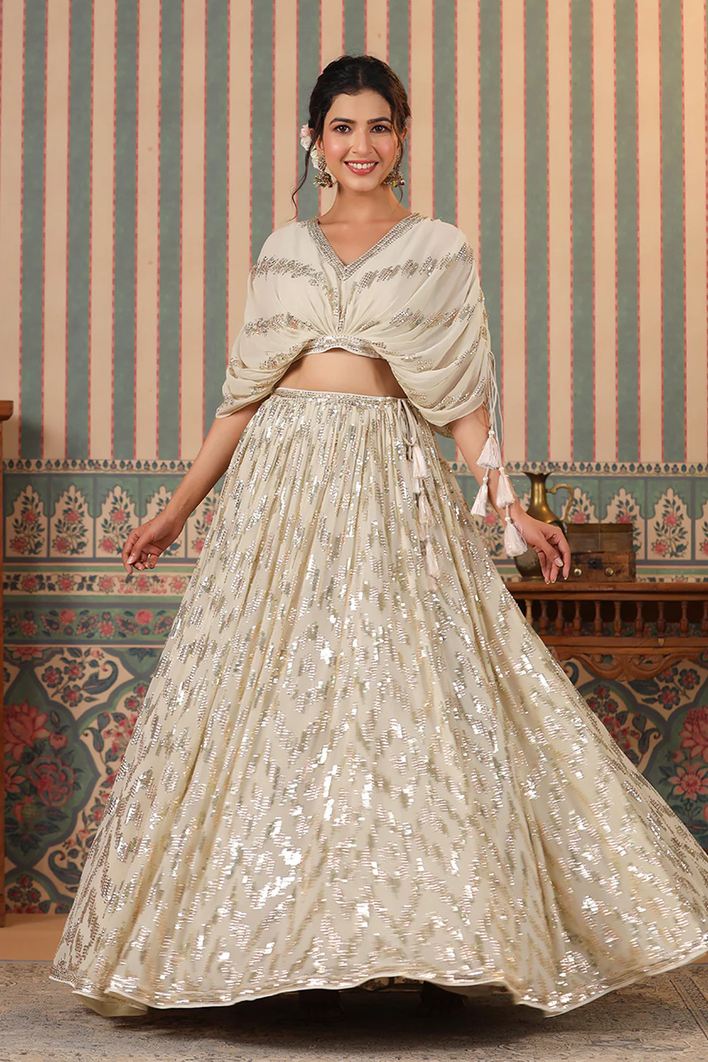 Cream Color Georgette Embroidery Lehenga Choli - Image 5