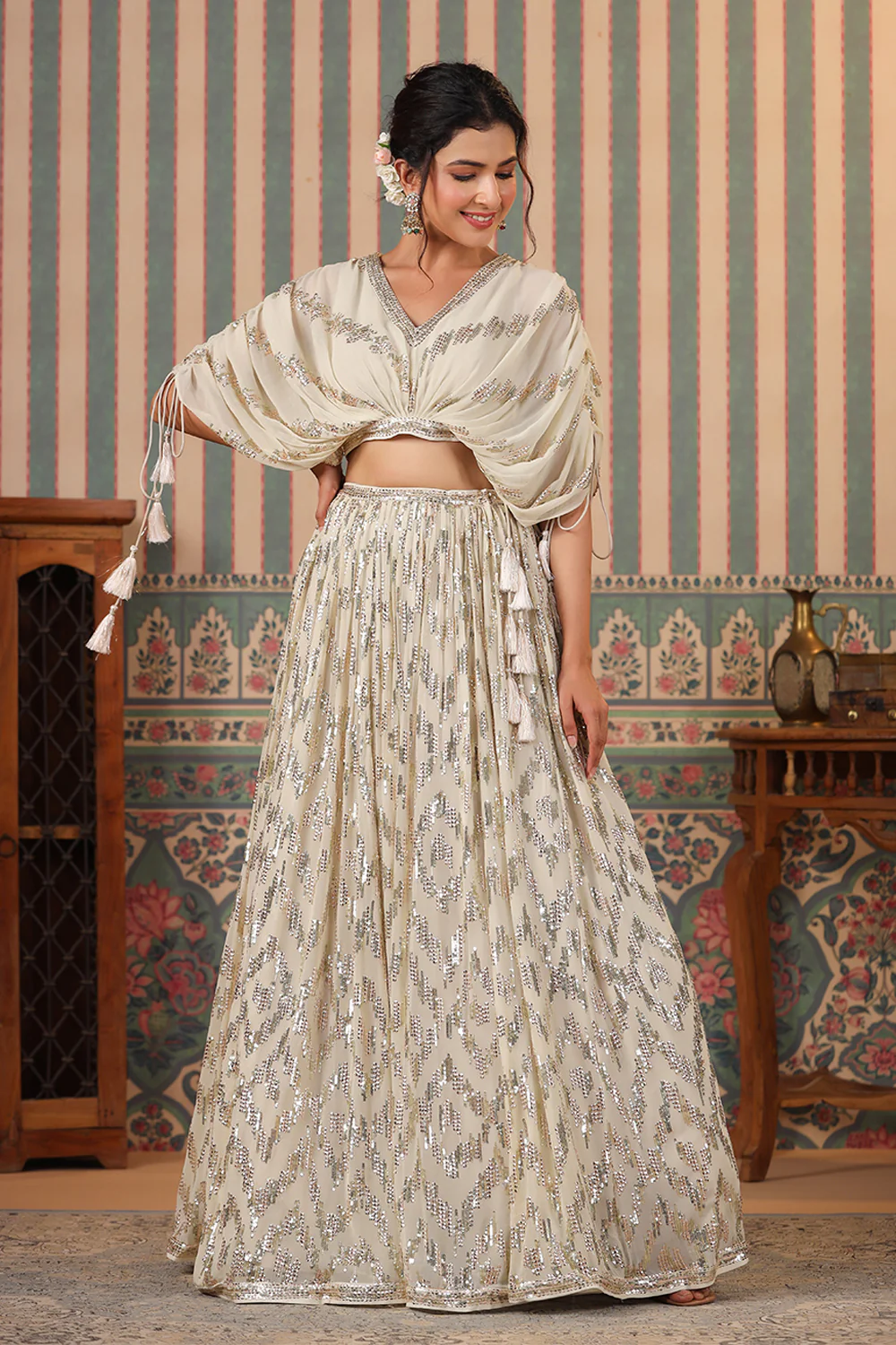 Cream Color Georgette Embroidery Lehenga Choli - Image 7