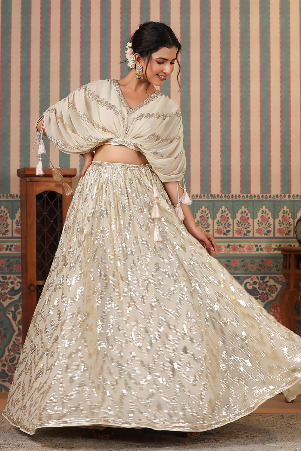 Cream Color Georgette Embroidery Lehenga Choli - Image 8