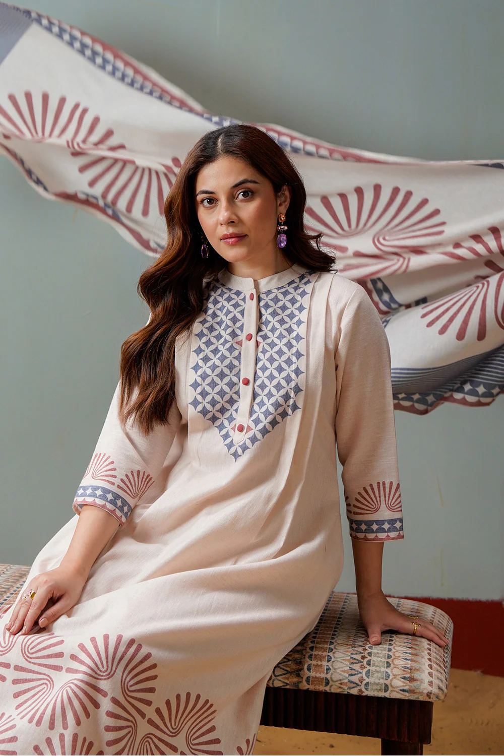 Cream Cotton Block Printed Suit Set - Image 10