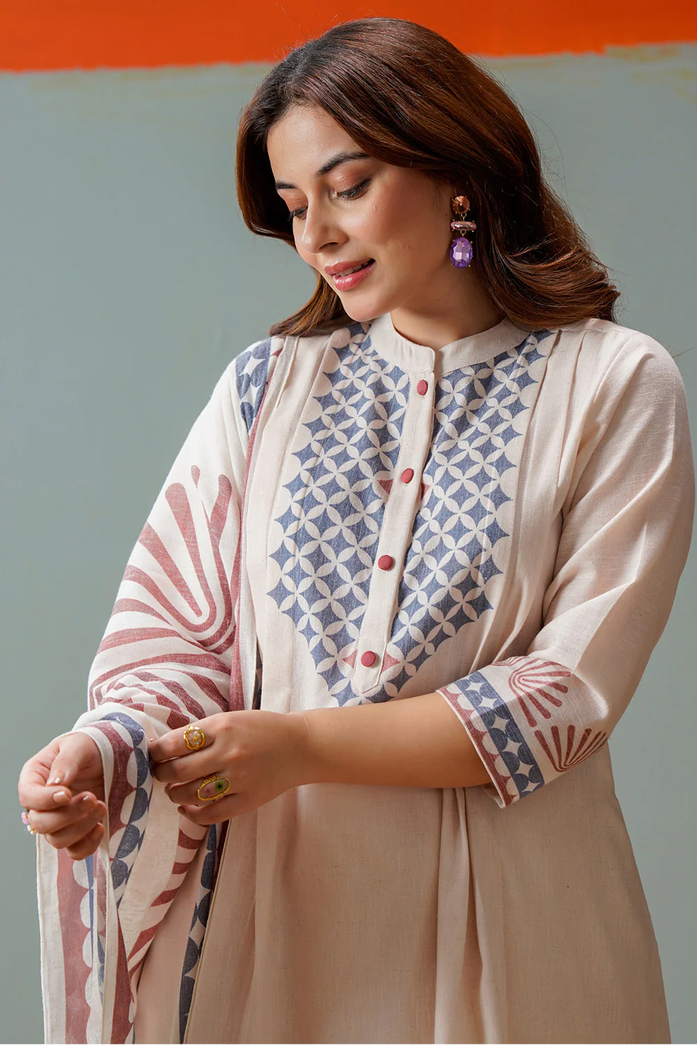 Cream Cotton Block Printed Suit Set - Image 11