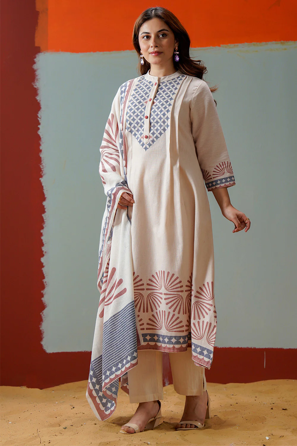 Cream Cotton Block Printed Suit Set - Image 4