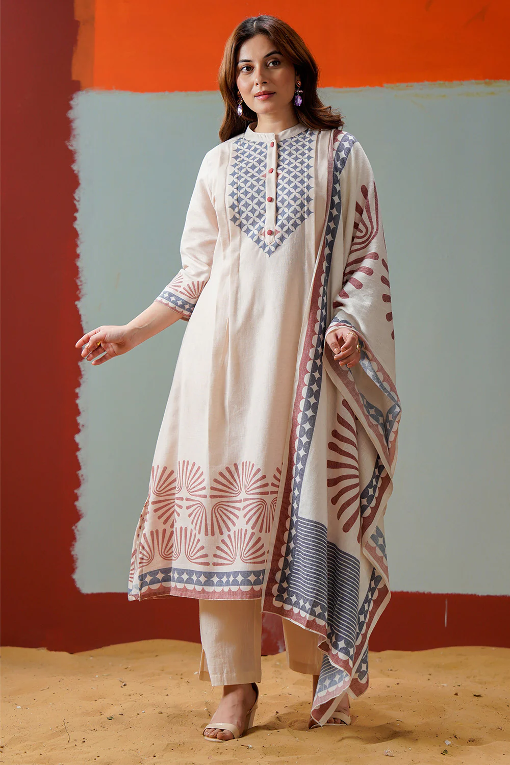 Cream Cotton Block Printed Suit Set - Image 5