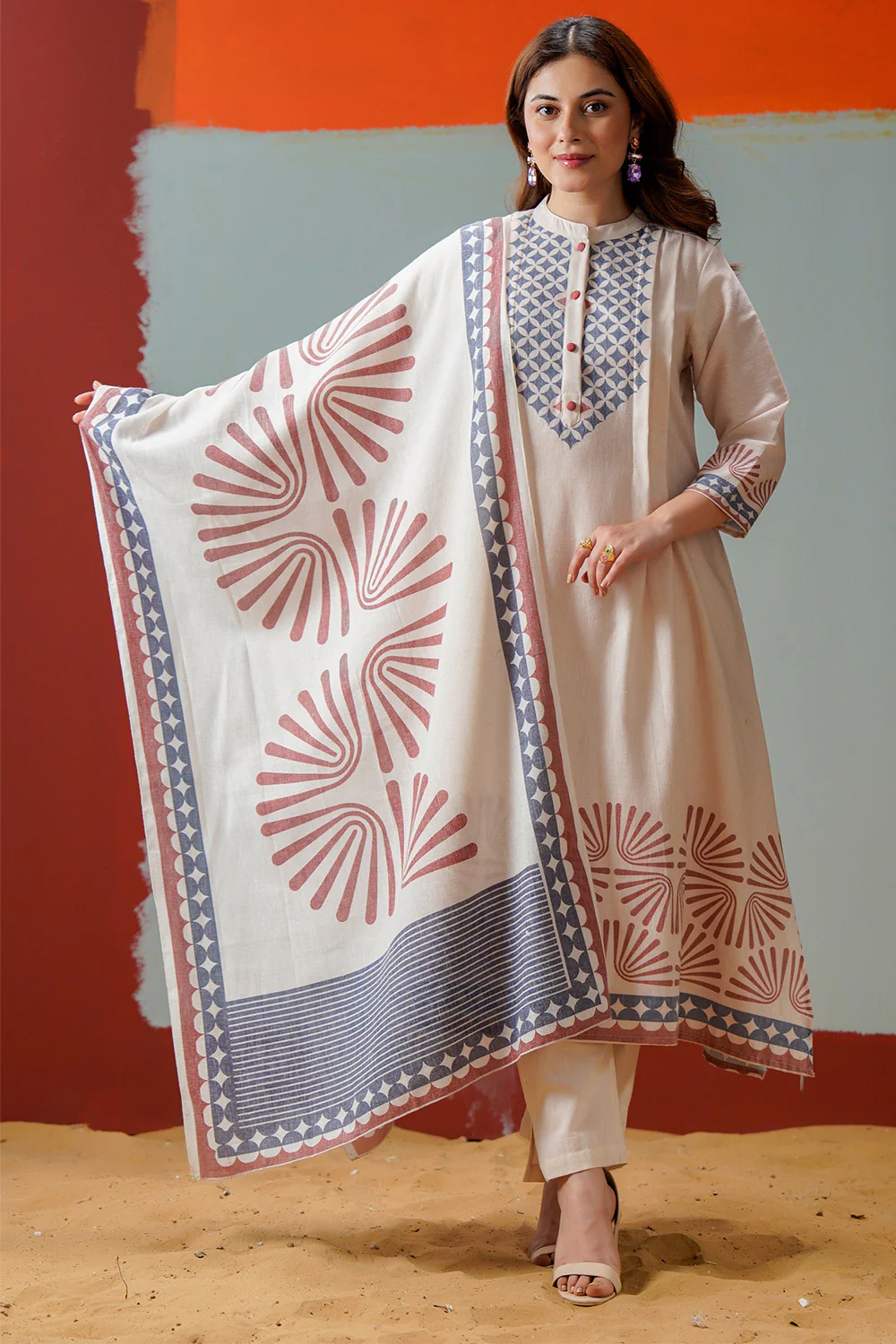 Cream Cotton Block Printed Suit Set - Image 7