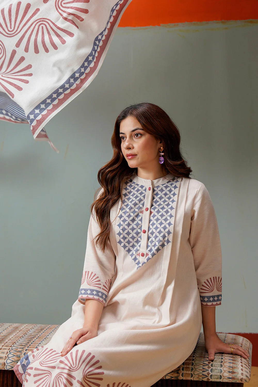 Cream Cotton Block Printed Suit Set - Image 9