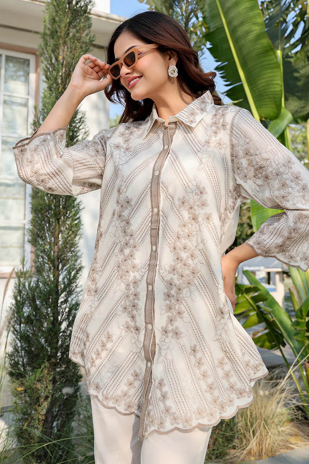 Cream Cotton Resham Embroidered Co-ord Set - Image 12