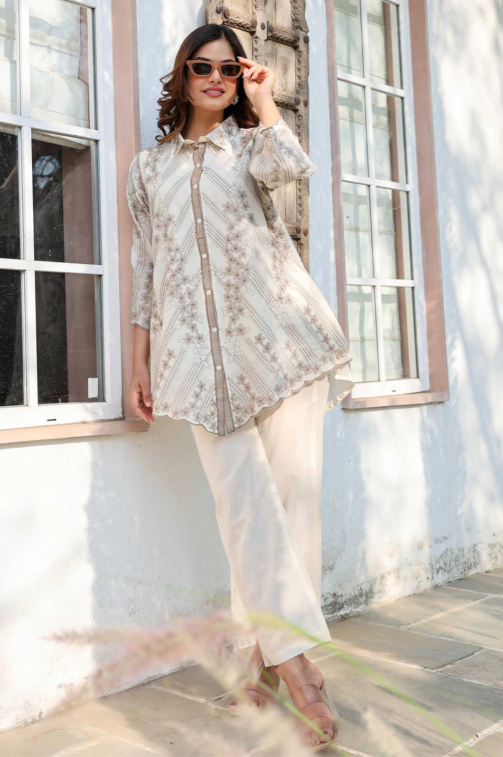 Cream Cotton Resham Embroidered Co-ord Set - Image 5