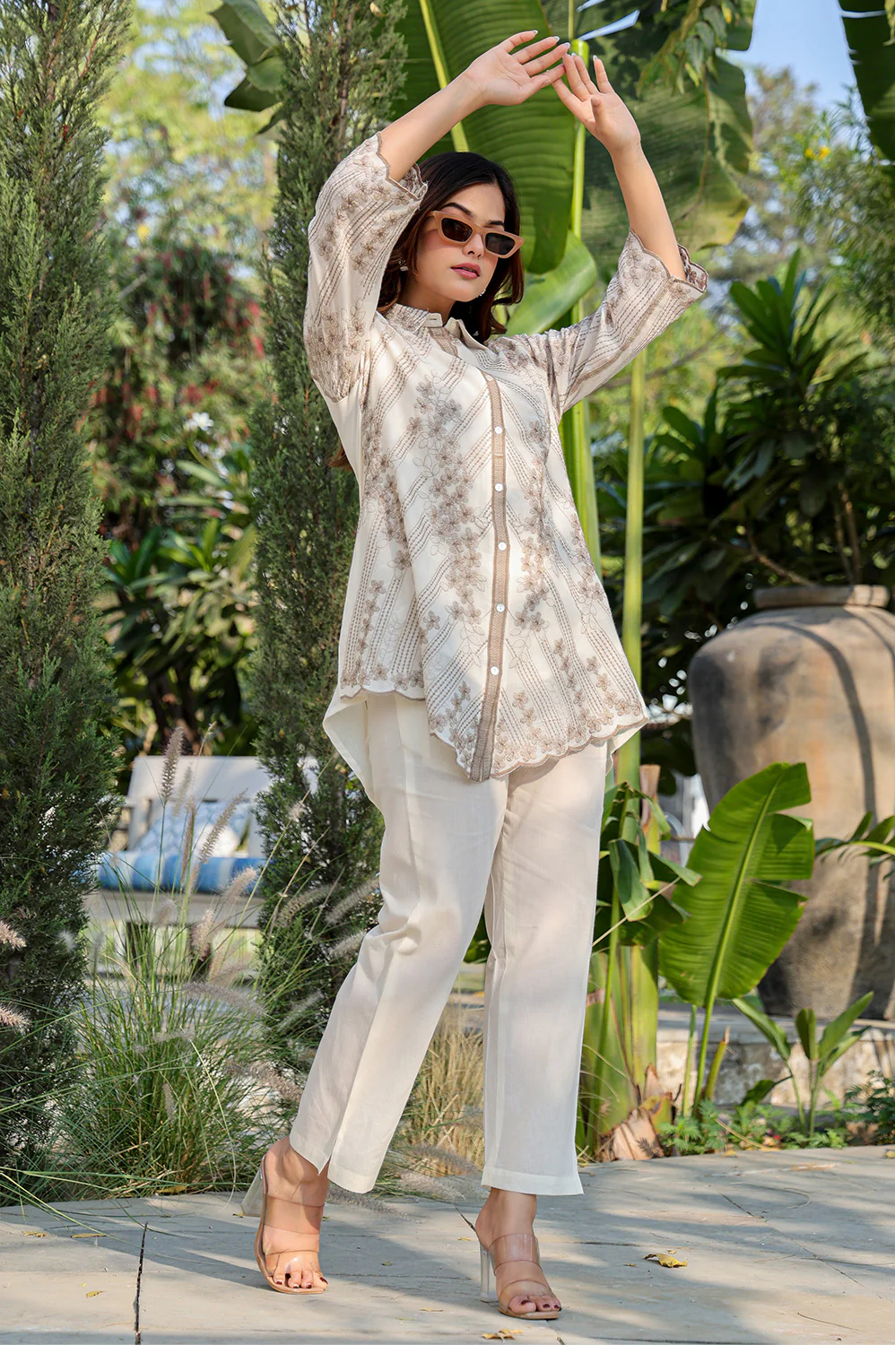 Cream Cotton Resham Embroidered Co-ord Set - Image 7