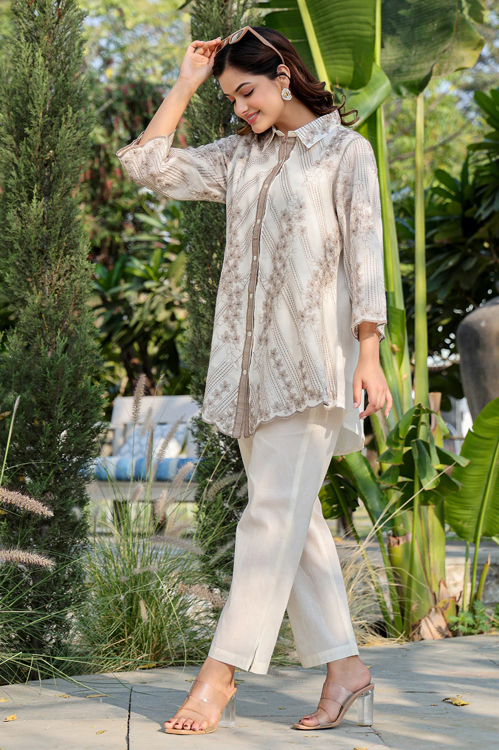 Cream Cotton Resham Embroidered Co-ord Set - Image 9