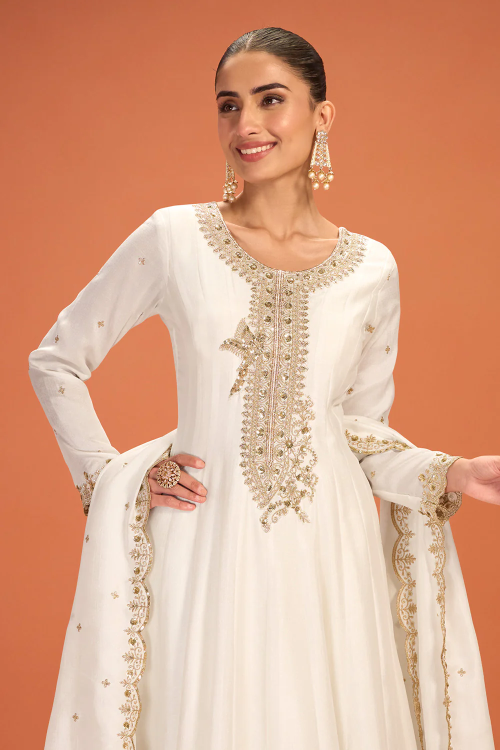 Cream Crepe Silk Zari and Sequins Embroidered Anarkali Suit - Image 2