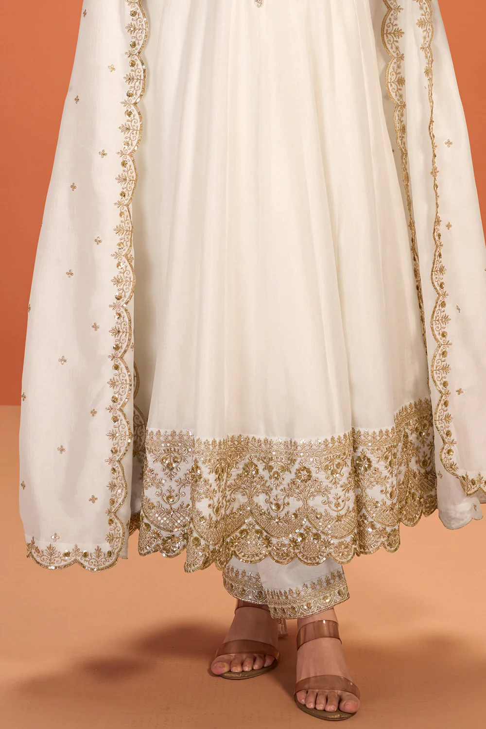 Cream Crepe Silk Zari and Sequins Embroidered Anarkali Suit - Image 3