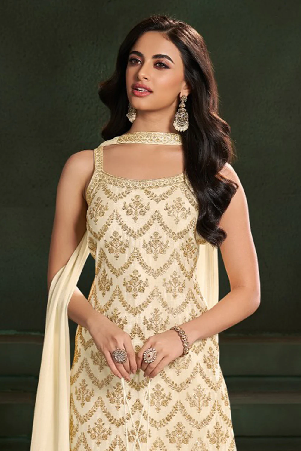 Cream Crepe Silk Zari And Sequins Embroidered Suit With Embroidered Gharara - Image 2