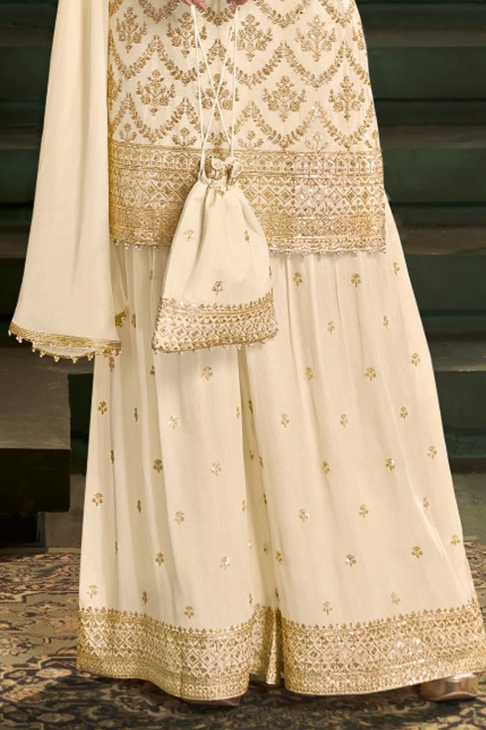 Cream Crepe Silk Zari And Sequins Embroidered Suit With Embroidered Gharara - Image 3