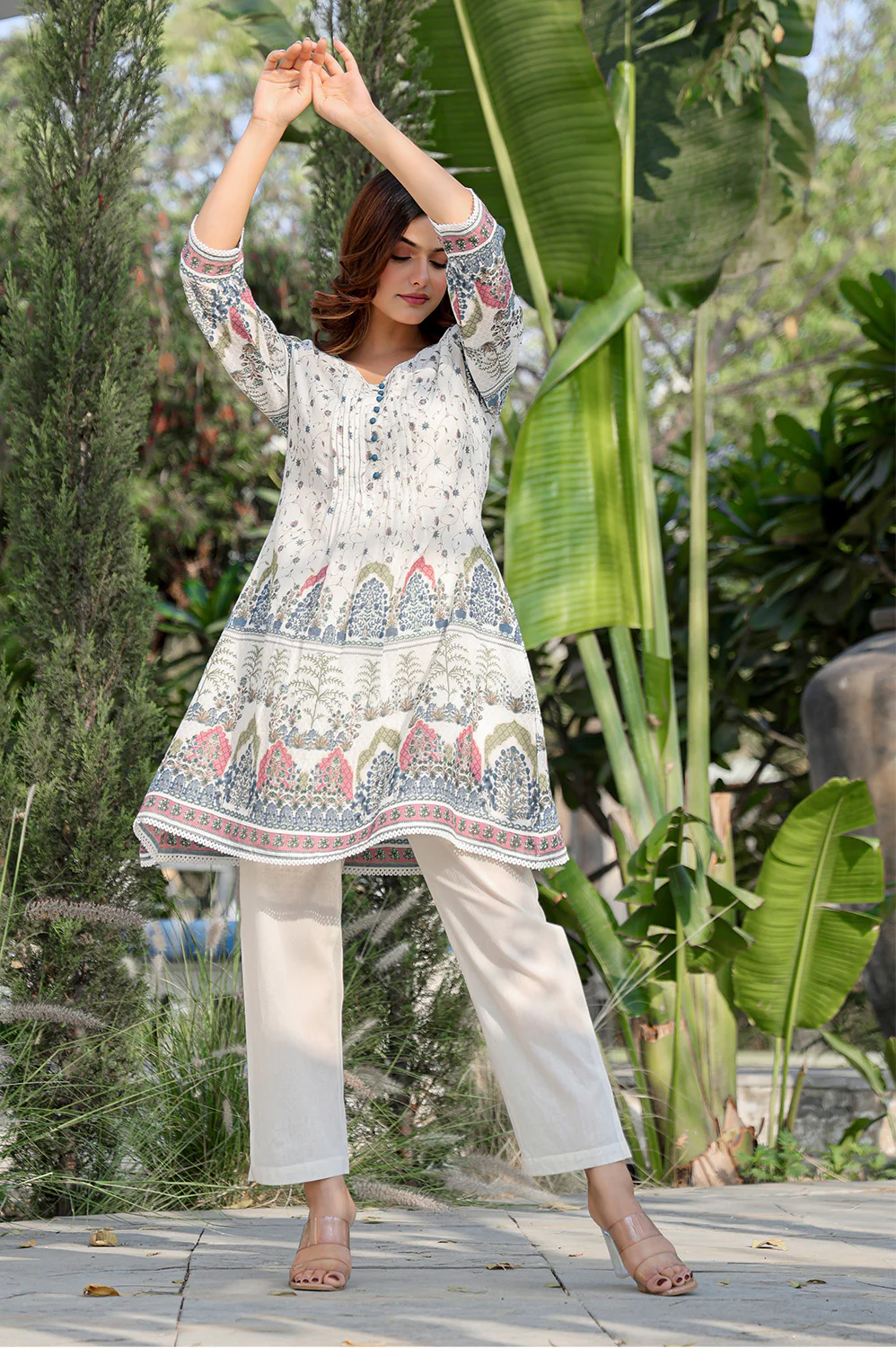 Cream Floral Printed Cotton Kurta Set - Image 10