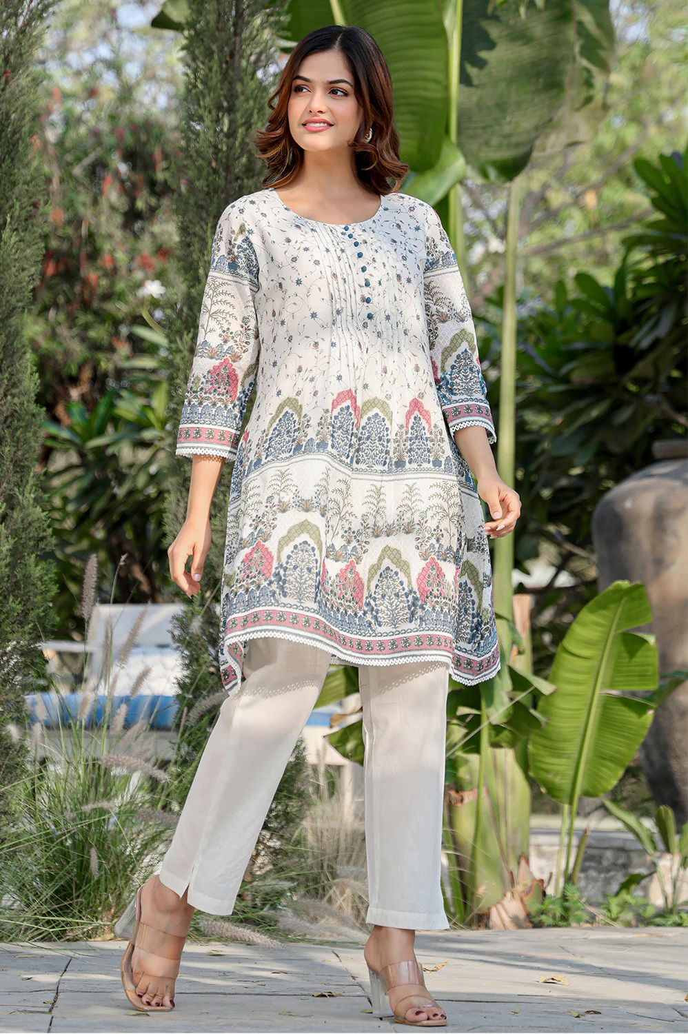 Cream Floral Printed Cotton Kurta Set - Image 11