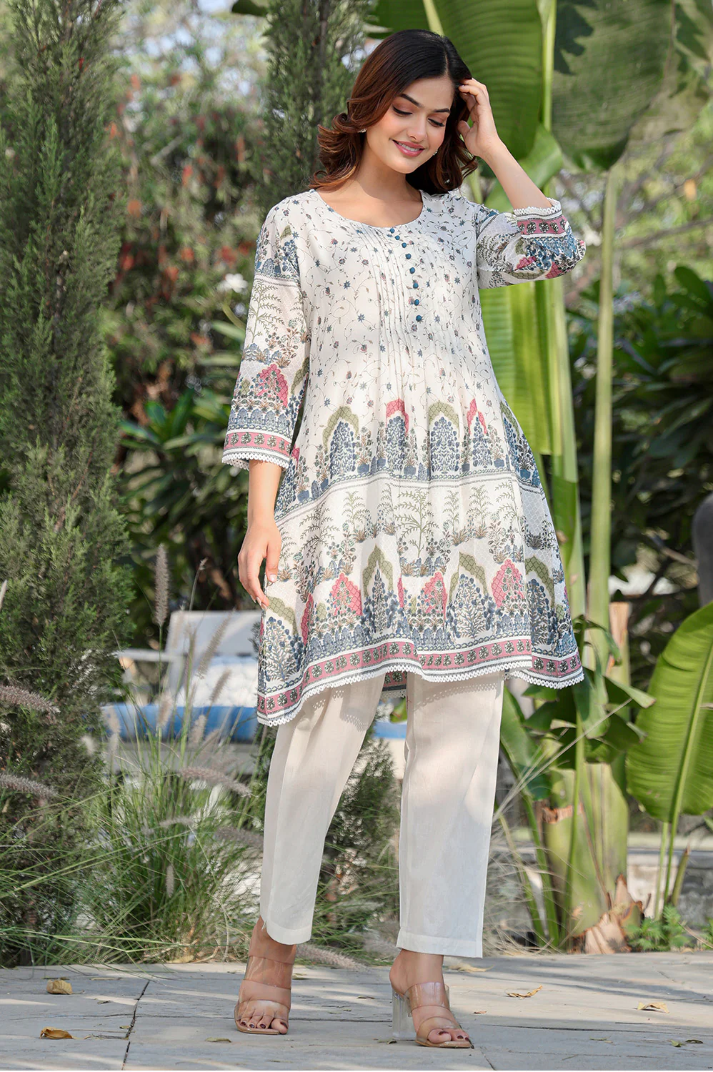 Cream Floral Printed Cotton Kurta Set - Image 4