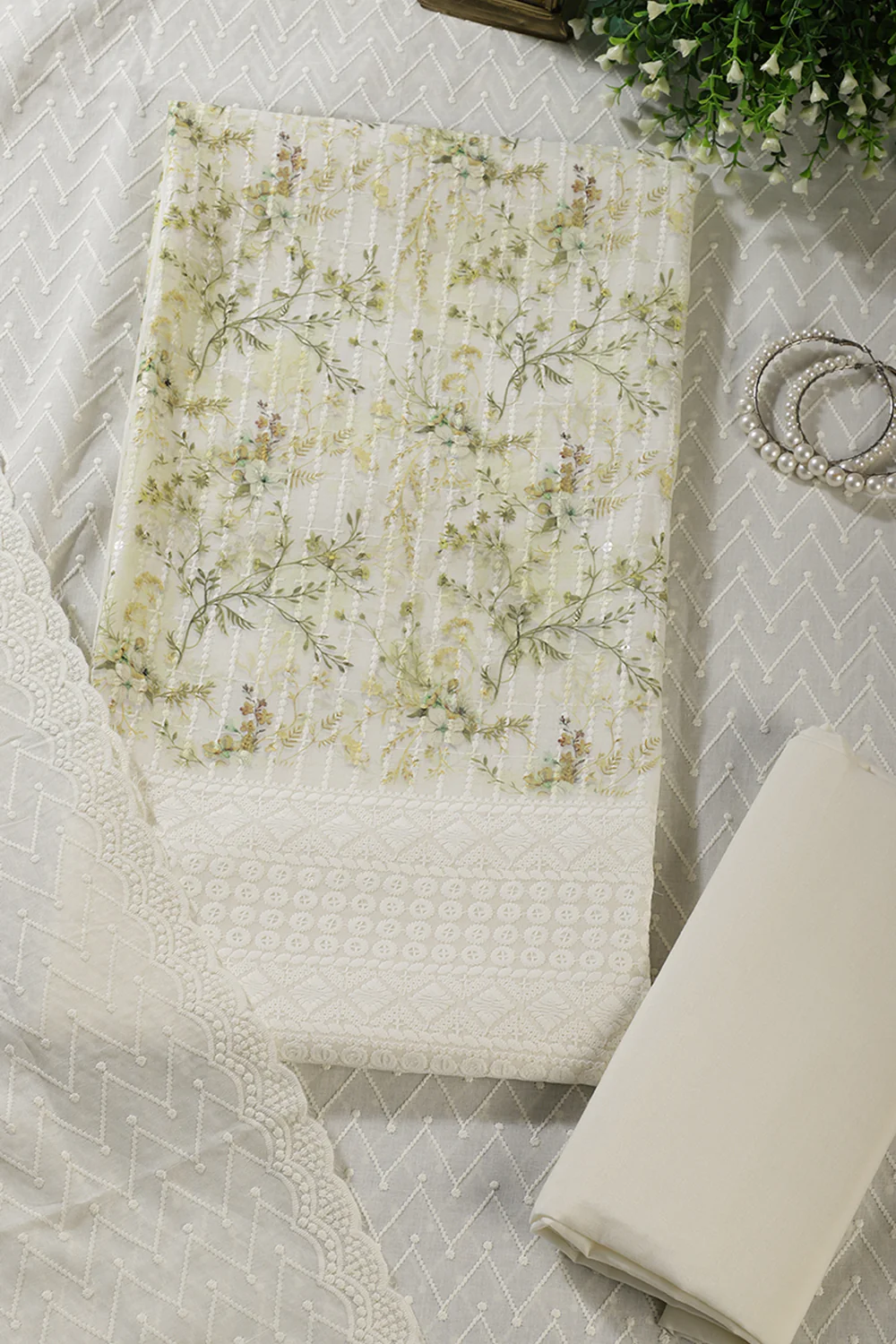 Cream & Green Cotton Chikankari Work Floral Printed Unstitched Suit - Image 2