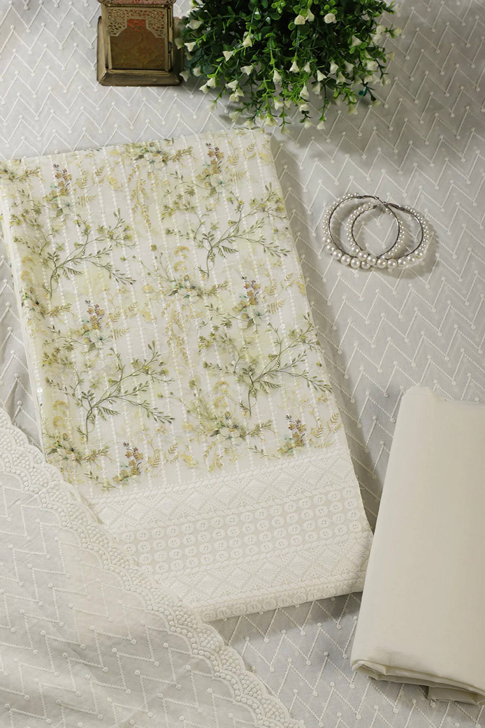 Cream & Green Cotton Chikankari Work Floral Printed Unstitched Suit - Image 3