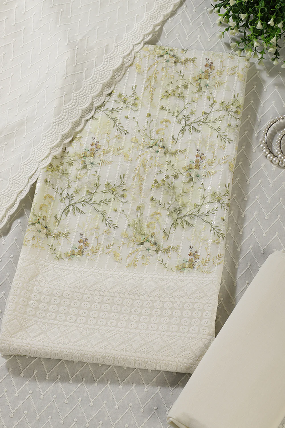 Cream & Green Cotton Chikankari Work Floral Printed Unstitched Suit - Image 4