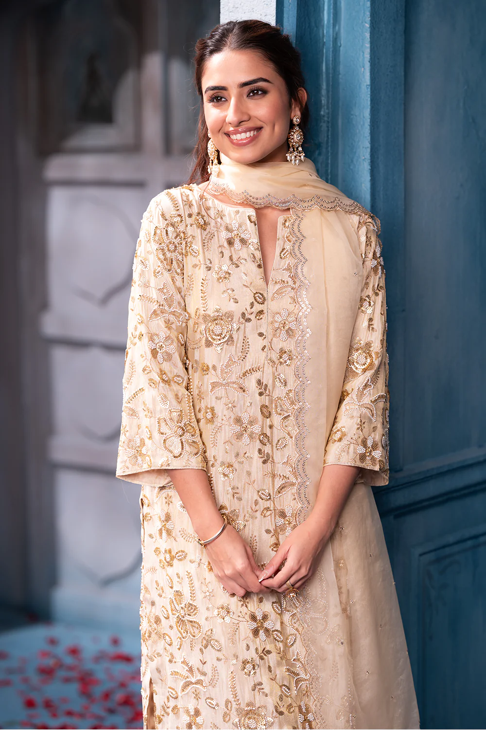 Cream Metallic Tissue Cut-dana And Sequins Embroidered Suits - Image 10