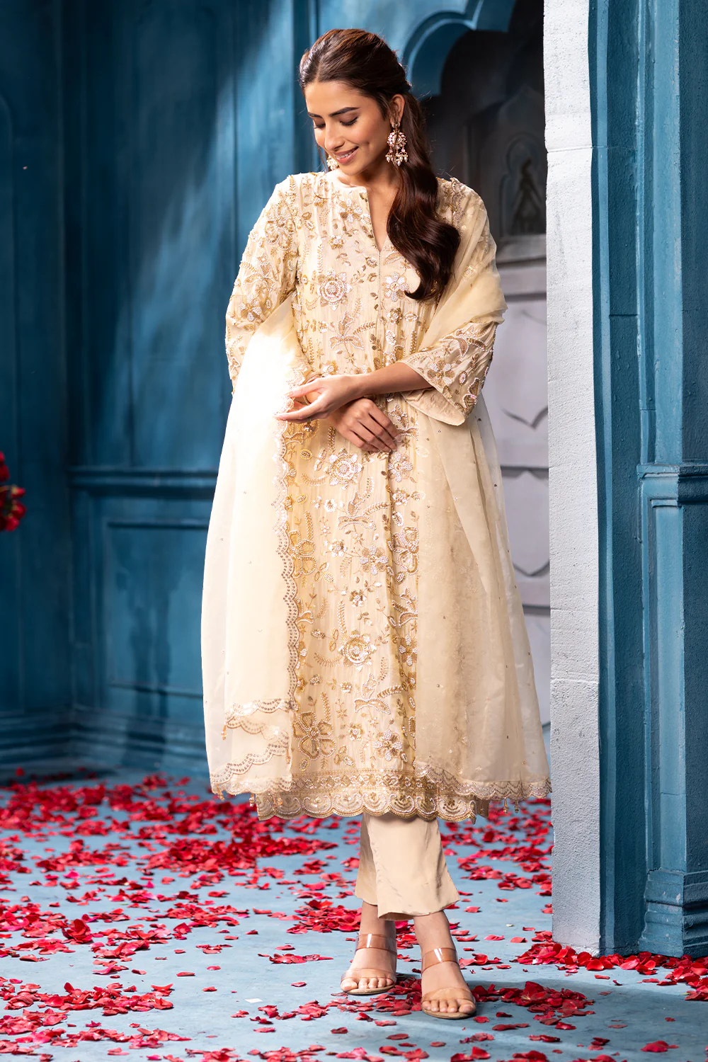 Cream Metallic Tissue Cut-dana And Sequins Embroidered Suits - Image 2